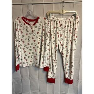 Pajama‎ Set Woman's L Dog Dachshund Print Sleepwear Loungewear Red White Holiday